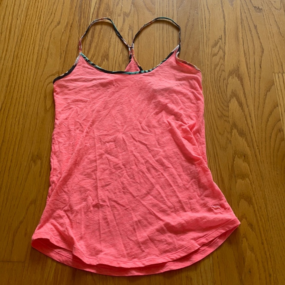 Pink Victoria’s Secret bright pink racer back tank top w/patterned straps, small